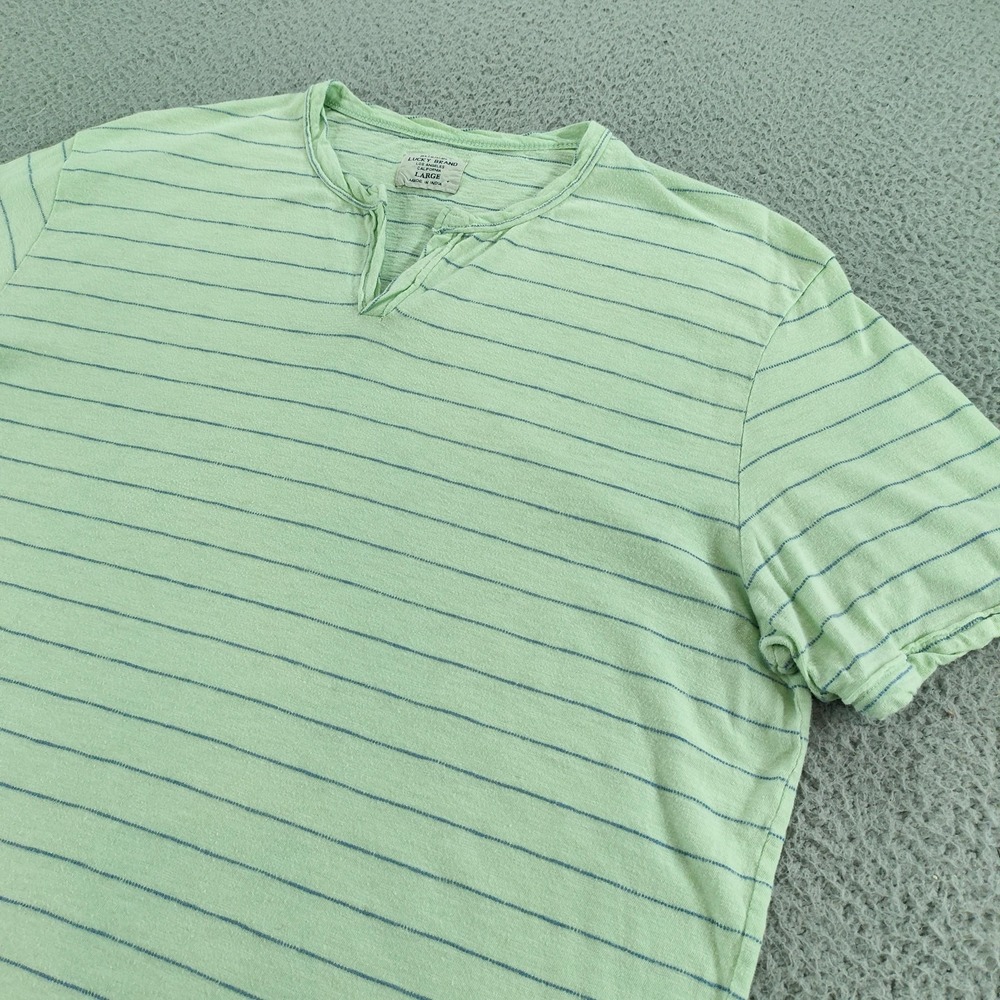 Lucky Brand T-Shirt Mens Large Green Striped V-Neck Raw Edge Jersey Tee